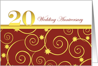 20th wedding anniversary invitation, elegant golden swirls on red card