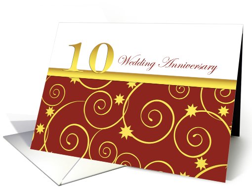 10th wedding anniversary invitation, elegant golden swirls on red card