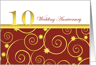 10th wedding anniversary invitation, elegant golden swirls on red card