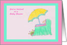 Baby Shower Invitation with Retro Bassinet Baby and Umbrella, Green card