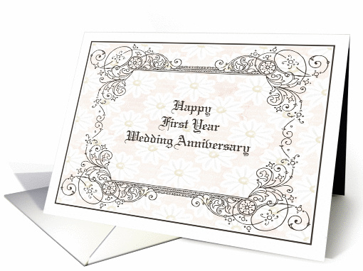 First Year Anniversary with a Swirly Designer Frame & Daisies card