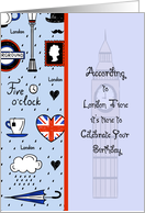 London Birthday with Clocks Tea Cup Lamp Polls & Rain card