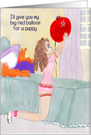 Congratulations, new Puppy, Drawing of a Young Girl willing to give up Her Balloon. card