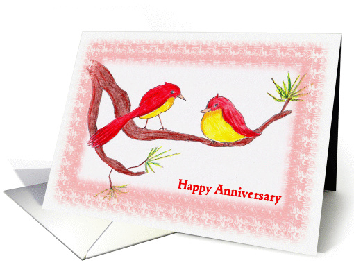 Anniversary, Two Hand Drawn Red Birds on a Branch card (699465)