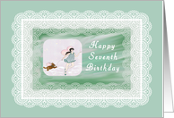 Birthday Card for 7 year old Girl, Green with Digital Lace and Drawing card