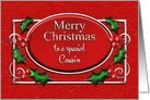 Merry Christmas Cousin Red and Silver with Holly card