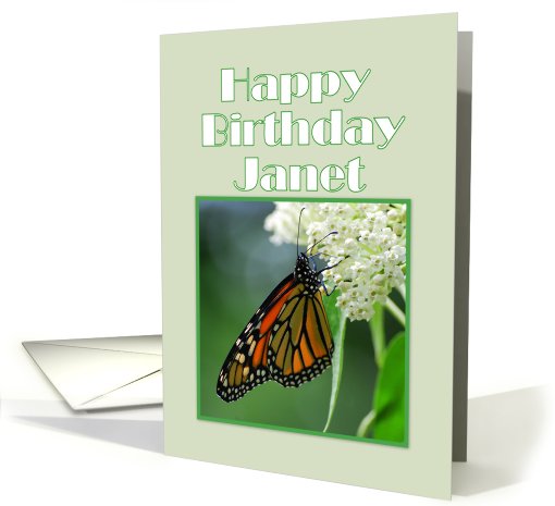 Happy Birthday, Janet, Monarch Butterfly on White Milkweed Flower card