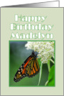 Happy Birthday, Madelyn, Monarch Butterfly on White Milkweed Flower card