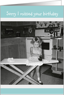 Belated Birthday 1950s Girl Ironing in Kitchen Humor Vintage card