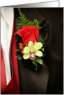 Black Tux with red rose corsage card