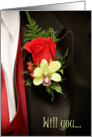 Will you be my greeter? (tux with rose corsage) card