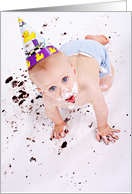Happy Birthday. Messy baby with cake everywhere card