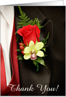 Thank you! (Black tux with red rose corsage) card