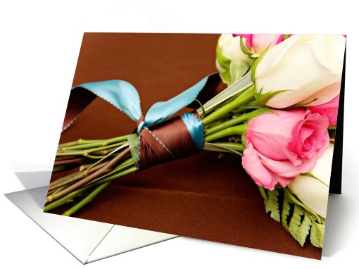 Will you be my bridesmaid? (Pink & White roses tied with ribbon) card