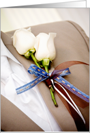Will you be my reader? (White rose corsage on tan tux) card