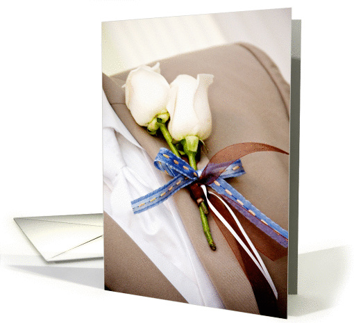 Will you give me away? (White rose corsage on tan tux) card (413773)