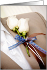 Will you give me away? (White rose corsage on tan tux) card