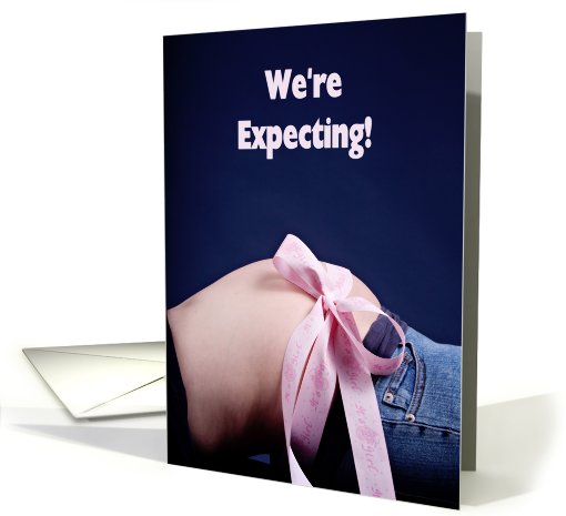 We're expecting! TRIPLETS (Belly with pink ribbon on blue) card