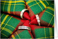 Thank you! Rings on backdrop of Celtic tartans card