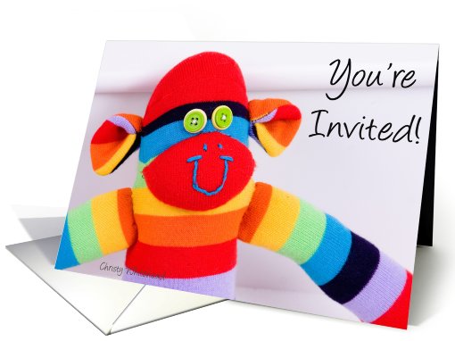 You're invited BIRTHDAY, colorful sock monkey card (457621)