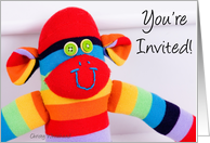 You’re invited BABY SHOWER, colorful sock monkey card