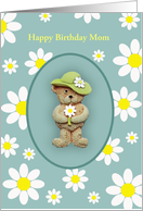 Happy Birthday Mom Card, Teddy Bear Holding A Flower, Custom Text card