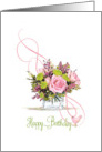 Swirls & Pink Rose Bouquet Happy Birthday card