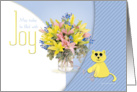 Kitty Friend with Joy Bouquet with Yellow and Pink Lilies card