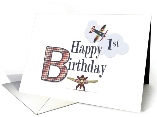 Airplanes for 1st Birthday with Red & Blue Plaids card (1440790)