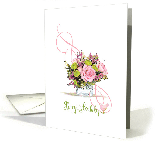 Swirls & Pink Rose Bouquet Happy Birthday card (1440802)