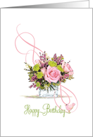 Swirls & Pink Rose Bouquet Happy Birthday card