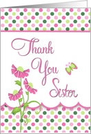 Butterfly Polka Dot & Daisie Thank You Sister in Pink and Lime Green card