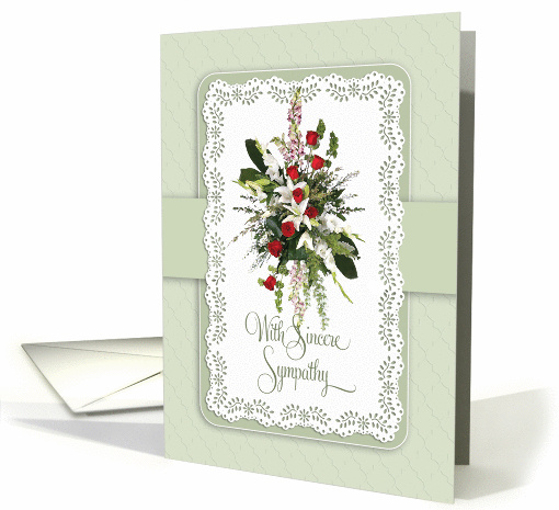 White Lace Dolie Red Rose Funeral Spray Sympathy Bouquet card