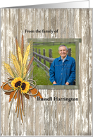 Sympathy Photo Memorial Barn Wood Wheat Farmer with Sunflowers card