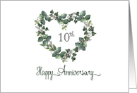 10th Wedding Anniversary Silvery Look Watercolor Flowers Heart Wreath card