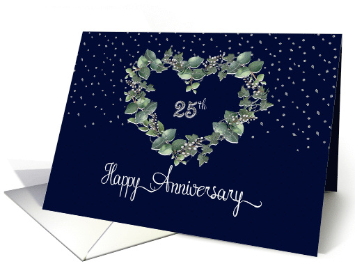 25th Wedding Anniversary Silver Look and Navy Heart Wreath card
