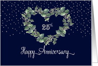 25th Wedding Anniversary Silver Look and Navy Heart Wreath card