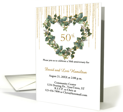 Gold and White Watercolor 50th Wedding Anniversary Invitation card