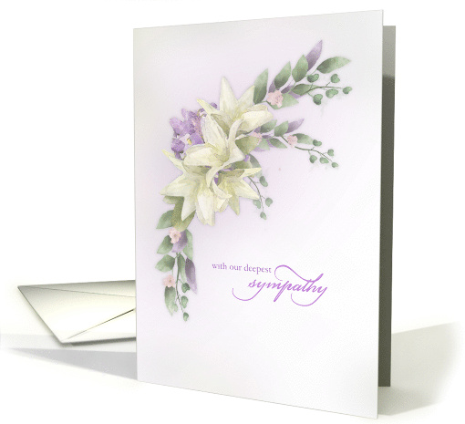 Our Sympathy White Lillies and Iris Watercolor in Lavender Hues card