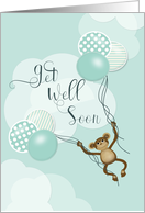 Child Get Well Soon Flying Monkey Balloons and Clouds card