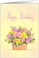 Happy Birthday Peach Roses and Yellow Lilies Bouquet card