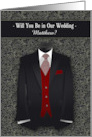 Will You Be In Our Wedding Black Tux with Red Tie Custom card