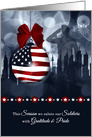 Military Christmas American Flag with Soldier and Skyline card