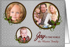 Joy to the World 3-Photo with Holly and Silver Damask card