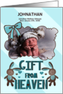 New Baby Boy Announcement in Blue with Clouds and 6 Photos card