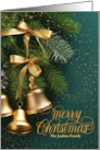 Custom Gold & Red Sleigh Bells with Boughs of Holiday Greenery card