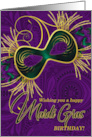 Birthday on Mardi Gras Violet, Gold and Green Mask card