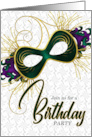 Birthday Party on Mardi Gras Violet Gold and Green Mask card