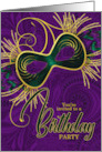 Birthday Party on Mardi Gras Violet Gold and Green Mask card