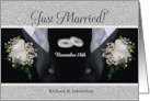 Just Married Two Grooms Tuxes and White Roses Custom card
